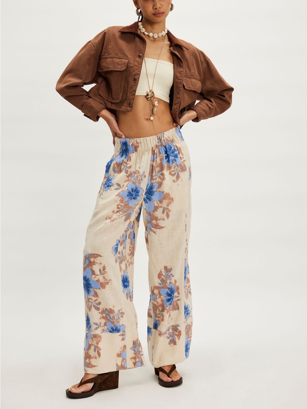 Free People Linen Cream Wide-Leg Pants with Blue & Brown Floral Print